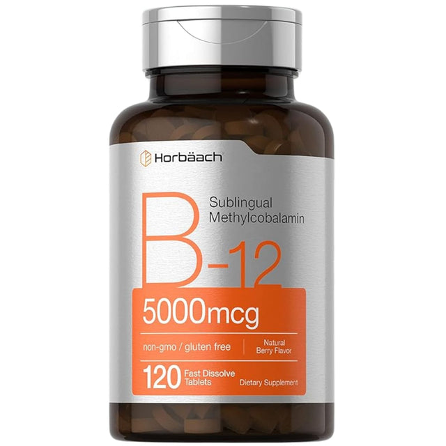 Frasco de suplemento Horbäach Metilcobalamina B-12 Bayas 120 tabletas