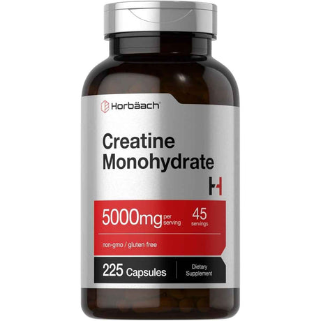 Frasco de suplemento Horbäach Monohidrato de Creatina 5000 mg 225 cápsulas