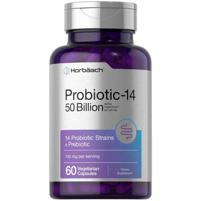 Frasco de suplemento Horbaach Probiotic-14 60 cápsulas