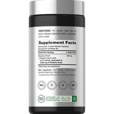Tabla nutricional del suplemento Horbäach Rhodiola Rosea 180 cápsulas
