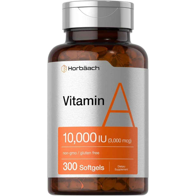 Frasco de suplemento Horbäach Vitamina A como Palmitato de Retinilo y Aceite de Hígado de Bacalao 10.000 UI 300 cápsulas blandas