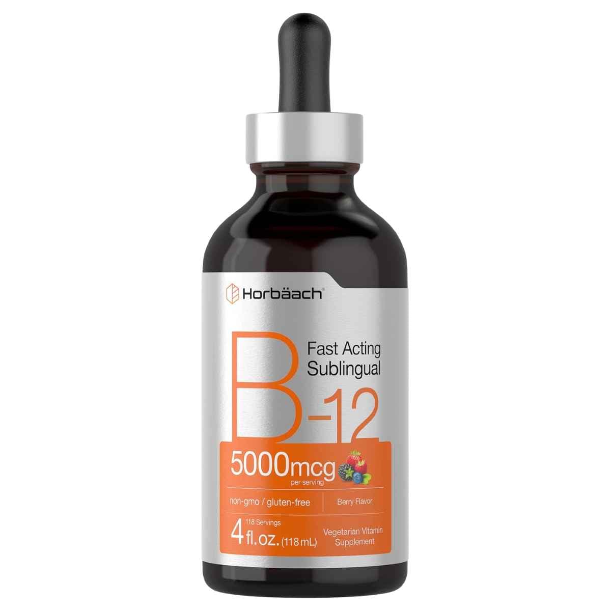 Frasco frontal de Horbaach vitamina B-12 sublingual líquida, 118 ml