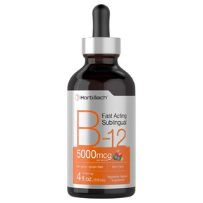 Frasco frontal de Horbaach vitamina B-12 sublingual líquida, 118 ml