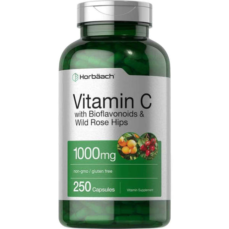 Frasco frontal de Horbaach vitamina C 1000 mg con bioflavonoides y escaramujo, presentación de 250 cápsulas.