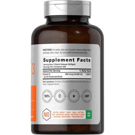 Tabla nutricional del suplemento Horbaach Vitamina D3 10,000 UI 500 cápsulas blandas