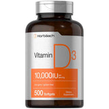 Frasco de suplemento Horbaach Vitamina D3 10,000 UI 500 cápsulas blandas