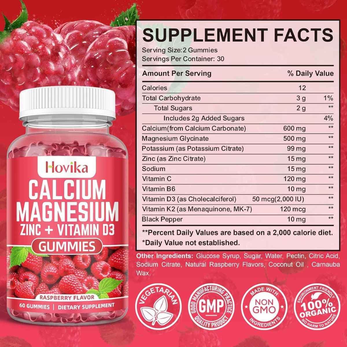 Tabla nutricional del suplemento Hovika Calcio Magnesio Zinc + Vitamina D3 Frambuesa 60 Gomitas