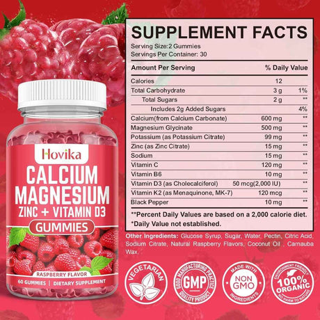 Tabla nutricional del suplemento Hovika Calcio Magnesio Zinc + Vitamina D3 Frambuesa 60 Gomitas