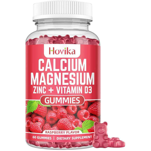 Frasco de suplemento Hovika Calcio Magnesio Zinc + Vitamina D3 Frambuesa 60 Gomitas