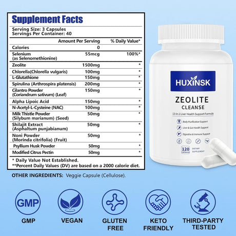 Tabla nutricional del suplemento HUXINSK Zeolita Cleanse 120 cápsulas