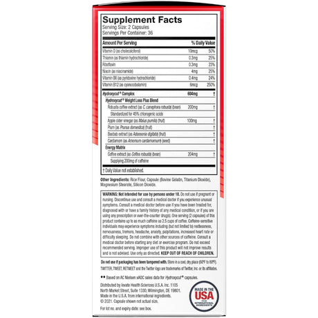 Tabla nutricional del suplemento Hydroxycut Original 72 cápsulas