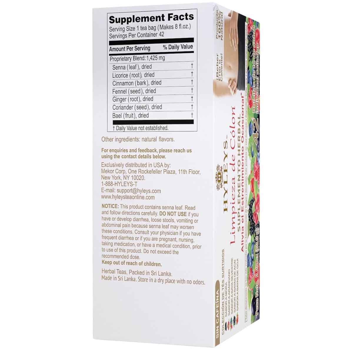 Tabla nutricional del suplemento Hyleys Té para limpieza de colon 42 bolsas