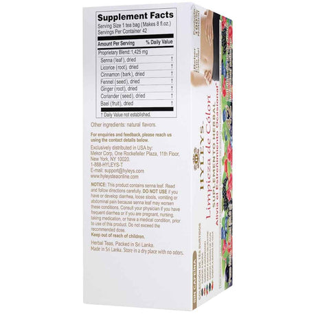 Tabla nutricional del suplemento Hyleys Té para limpieza de colon 42 bolsas