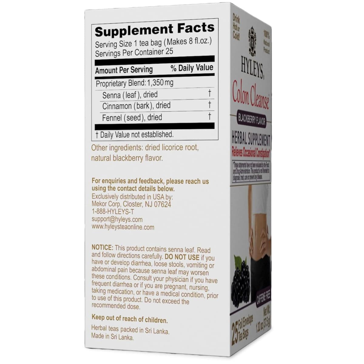 Tabla nutricional del suplemento Té de senna y hierbas sabor mora Hyleys 25 bolsitas