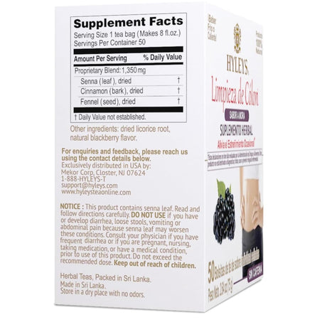 Tabla nutricional del suplemento Té de senna y hierbas sabor mora Hyleys 50 bolsitas