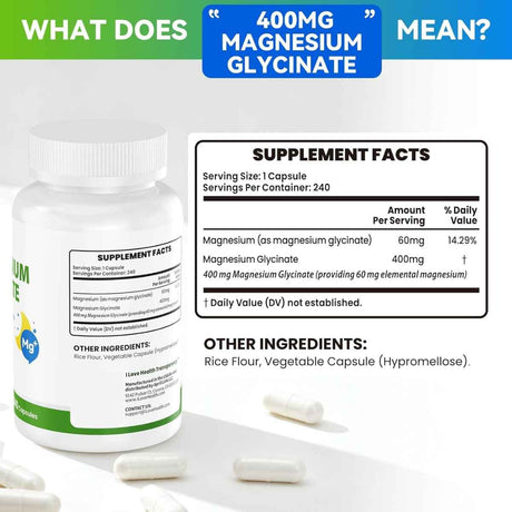 Tabla de suplementos de I LOVE HEALTH glicinato de magnesio 400 mg, con porción de 1 cápsula, 240 porciones por envase, magnesio elemental y otros ingredientes.