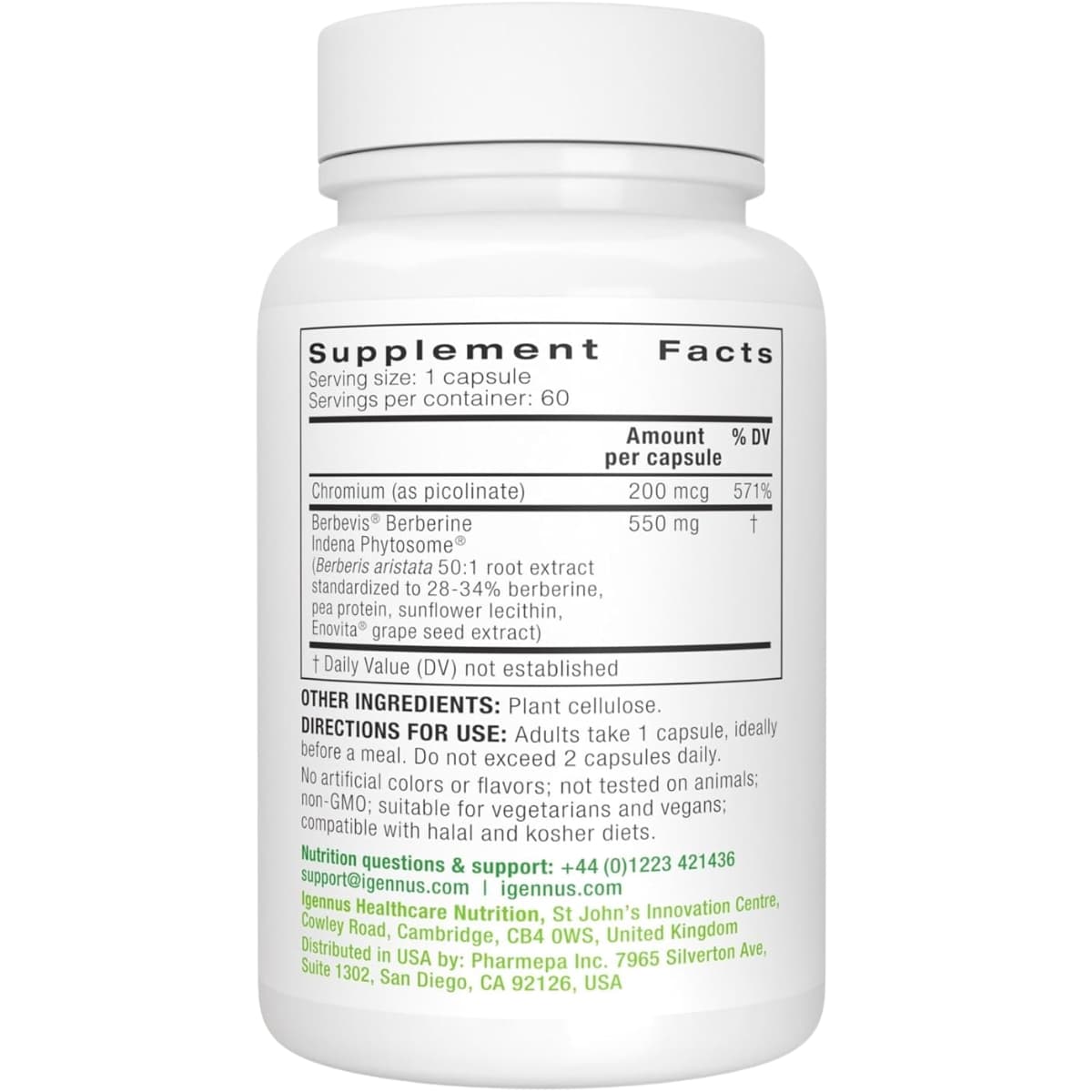 Tabla nutricional del suplemento Igennus Healthcare Nutrition Berberine Phytosome & Chromium 60 cápsulas