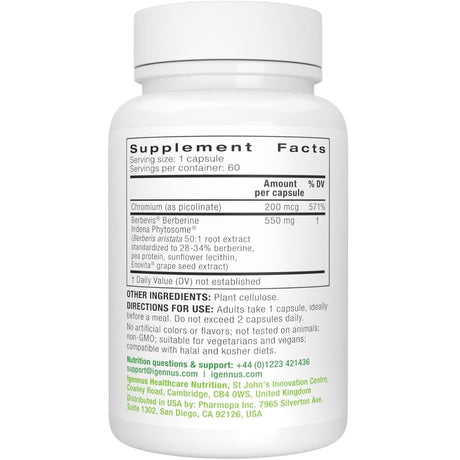 Tabla nutricional del suplemento Igennus Healthcare Nutrition Berberine Phytosome & Chromium 60 cápsulas