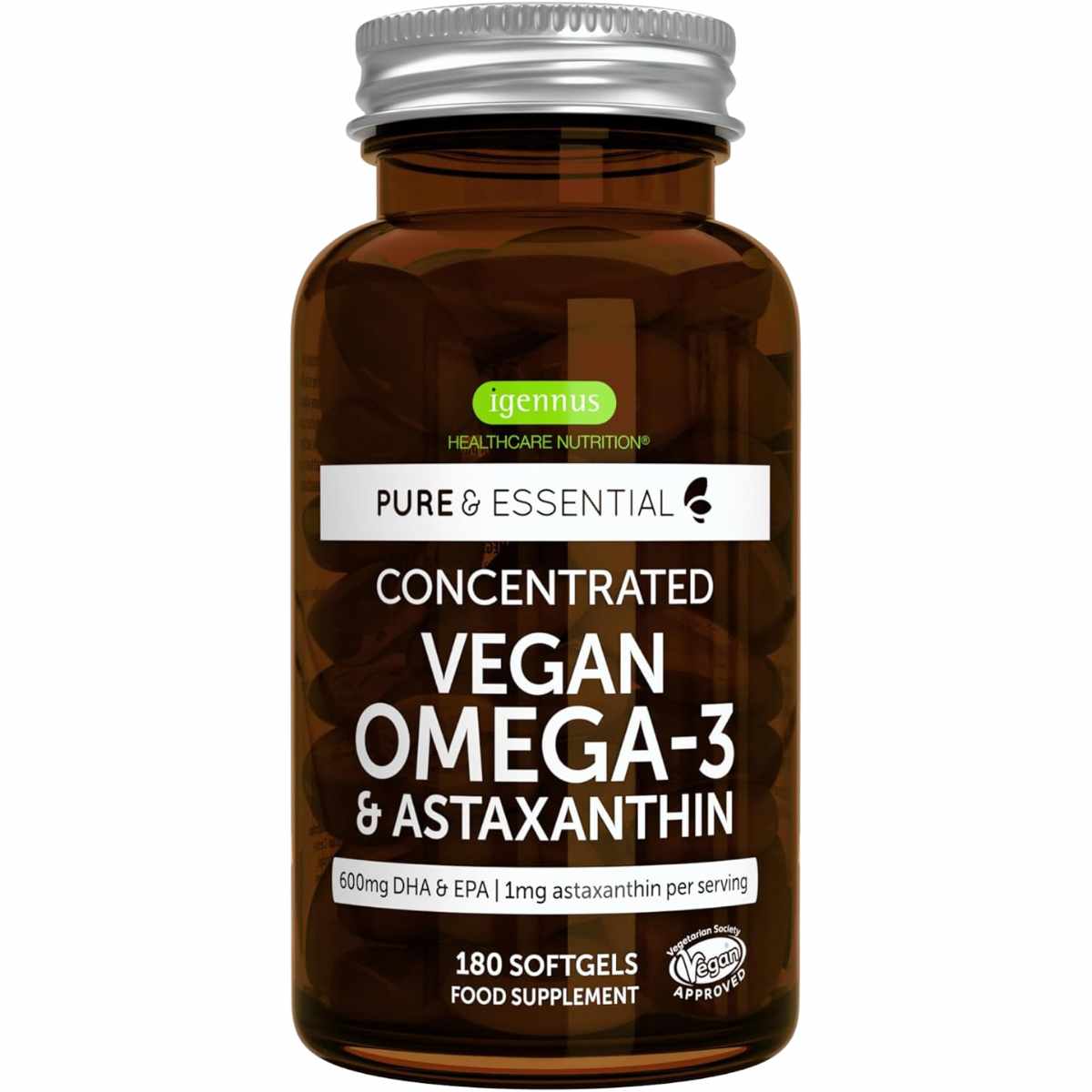 igennus omega 3 vegano con astaxantina, frasco de 180 cápsulas blandas