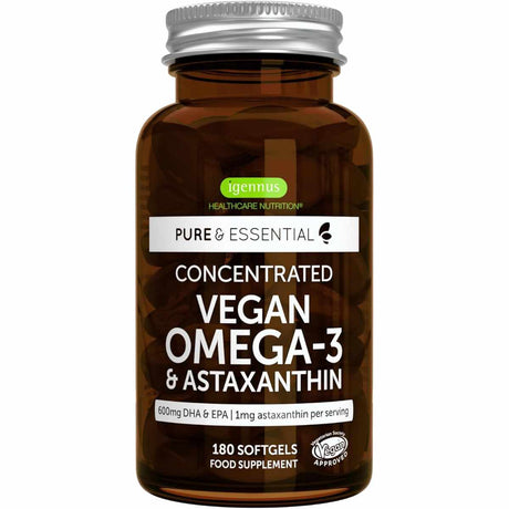 igennus omega 3 vegano con astaxantina, frasco de 180 cápsulas blandas