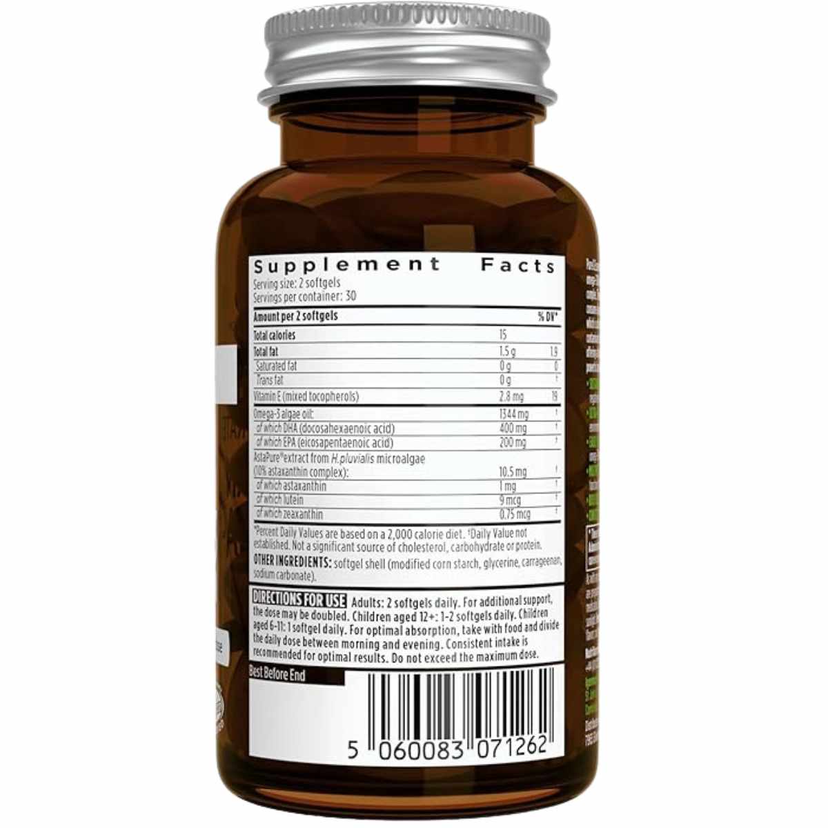 Empaque posterior alternativo de igennus omega 3 vegano con astaxantina, 60 cápsulas blandas