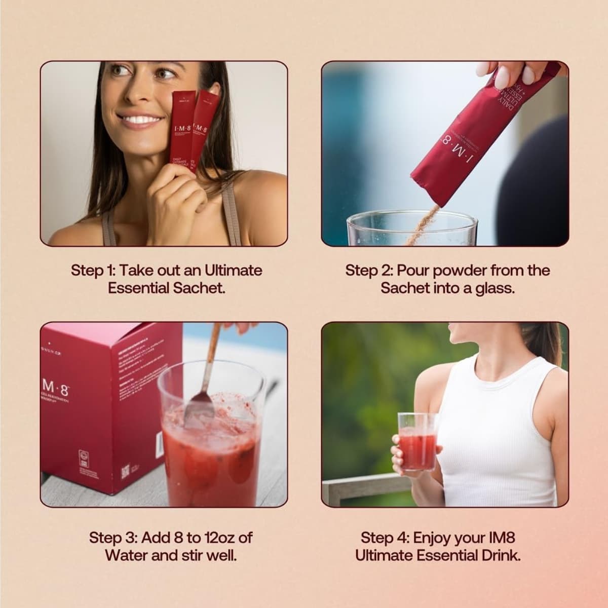 Pasos de uso sugerido del suplemento I.M.8 Daily Ultimate Essentials Acai y Bayas Mixtas