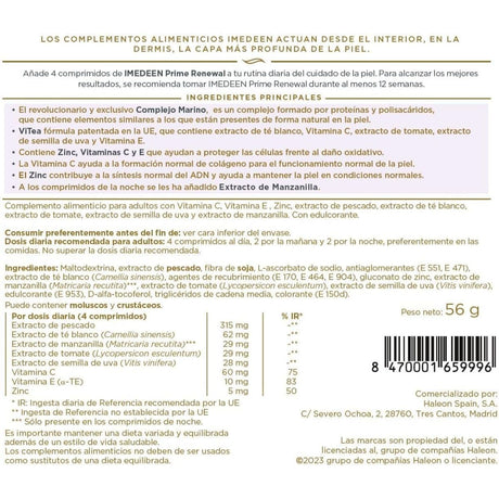 Tabla nutricional del suplemento Imedeen Prime Renewal 120 tabletas