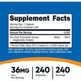 Información del suplemento de hierro quelado de Nutricost - 240 cápsulas.