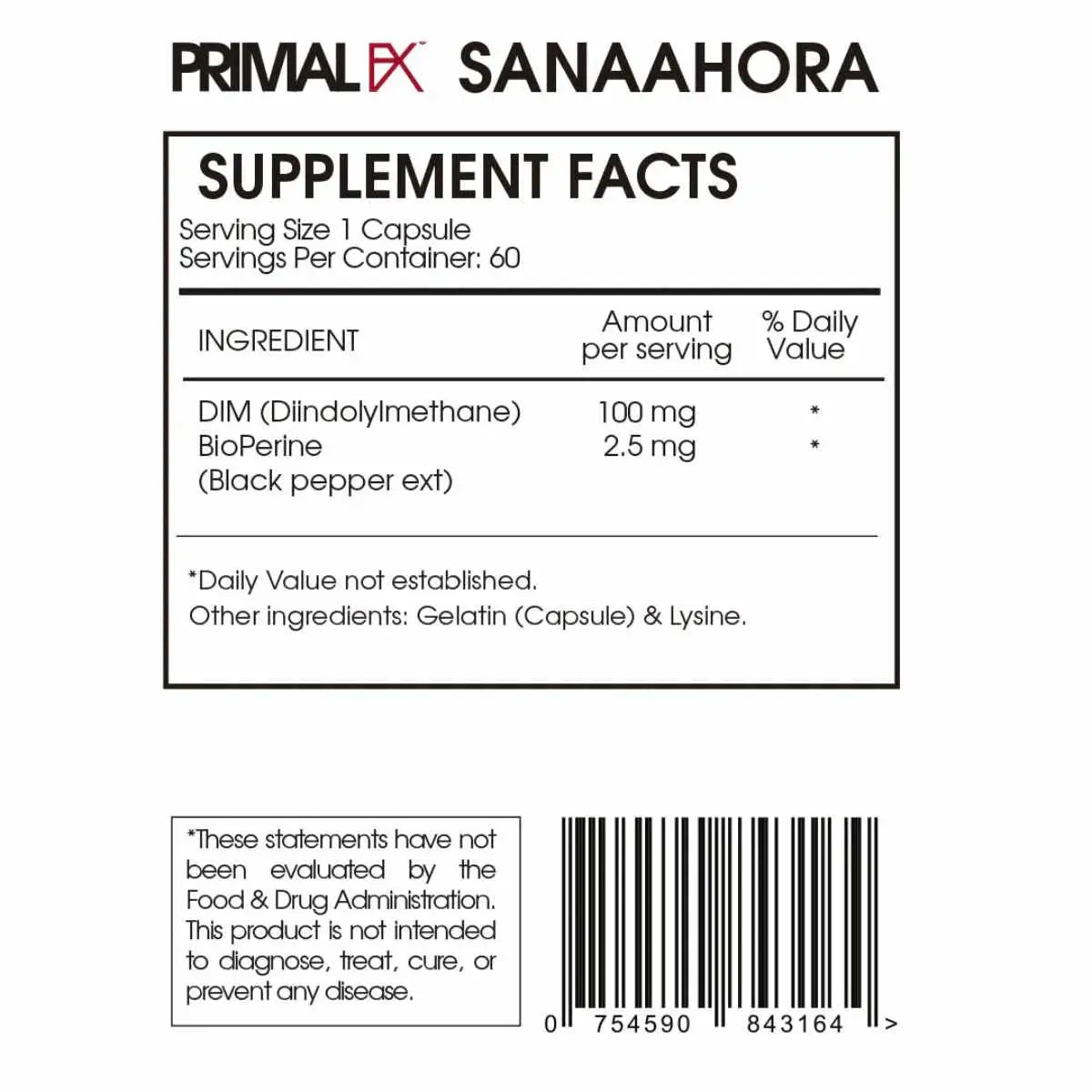 PrimalFX Diindolyl + Dim 125 mg - 60 Cápsulas - Tabla Nutricional Haz Tu Pedido
