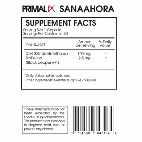 PrimalFX Diindolyl + Dim 125 mg - 60 Cápsulas - Tabla Nutricional Haz Tu Pedido