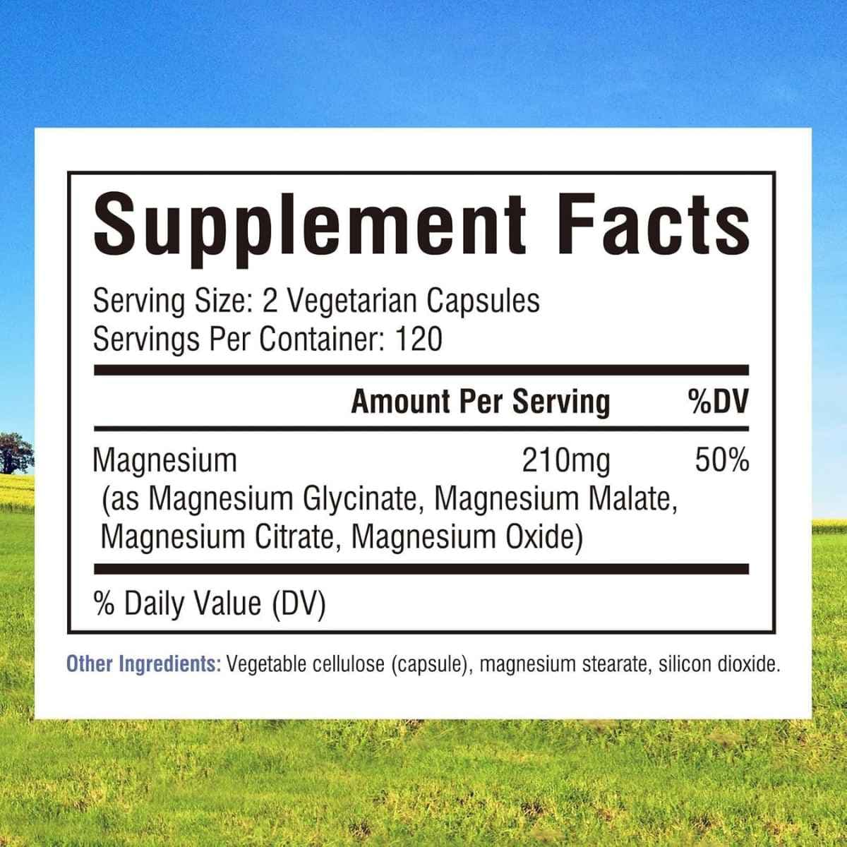Información nutricional de Innate Vitality Magnesium Complex de 240 cápsulas con 120 porciones