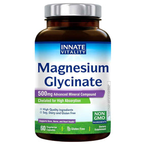 Frasco frontal de Innate Vitality Glicinato de magnesio, presentación de 60 cápsulas.