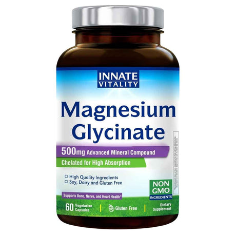 Frasco frontal de Innate Vitality Glicinato de magnesio, presentación de 60 cápsulas.