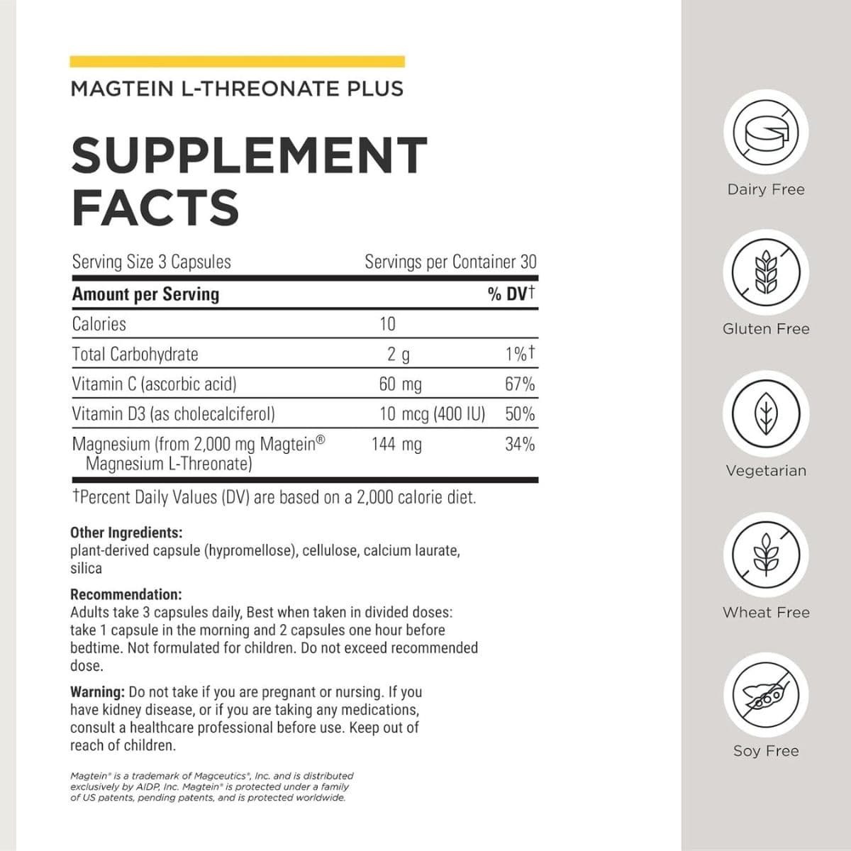 Etiqueta de Integrative Therapeutics Magtein con información de ingredientes y modo de uso