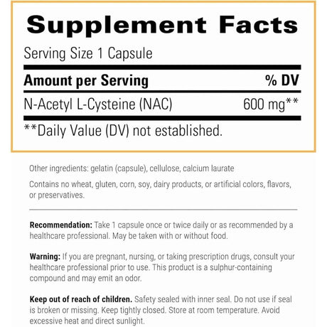 Etiqueta Supplement Facts de Integrative Therapeutics NAC de 600 mg