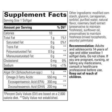 Información del suplemento Integrative Therapeutics Pure Omega Algae 300 mg EPA y 200 mg DHA