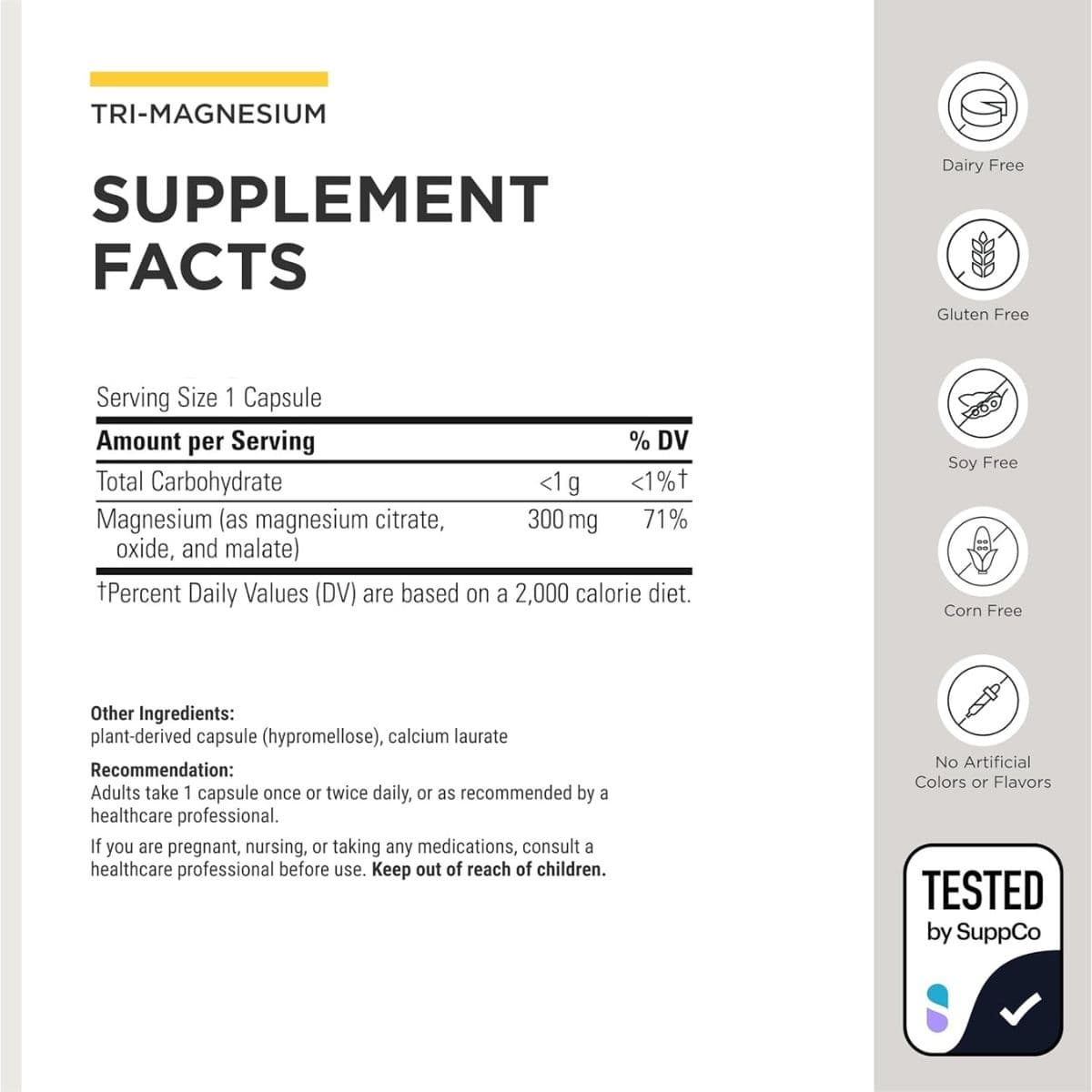 Información del suplemento Integrative Therapeutics Tri-Magnesium con 300 mg de magnesio por cápsula