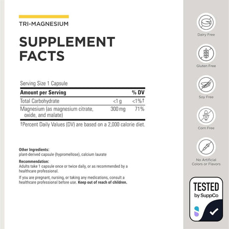 Información del suplemento Integrative Therapeutics Tri-Magnesium con 300 mg de magnesio por cápsula