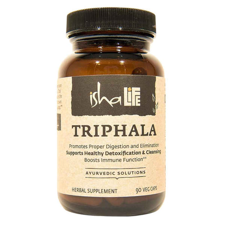 Frasco de suplemento Isha Life Triphala Orgánica 90 cápsulas veganas