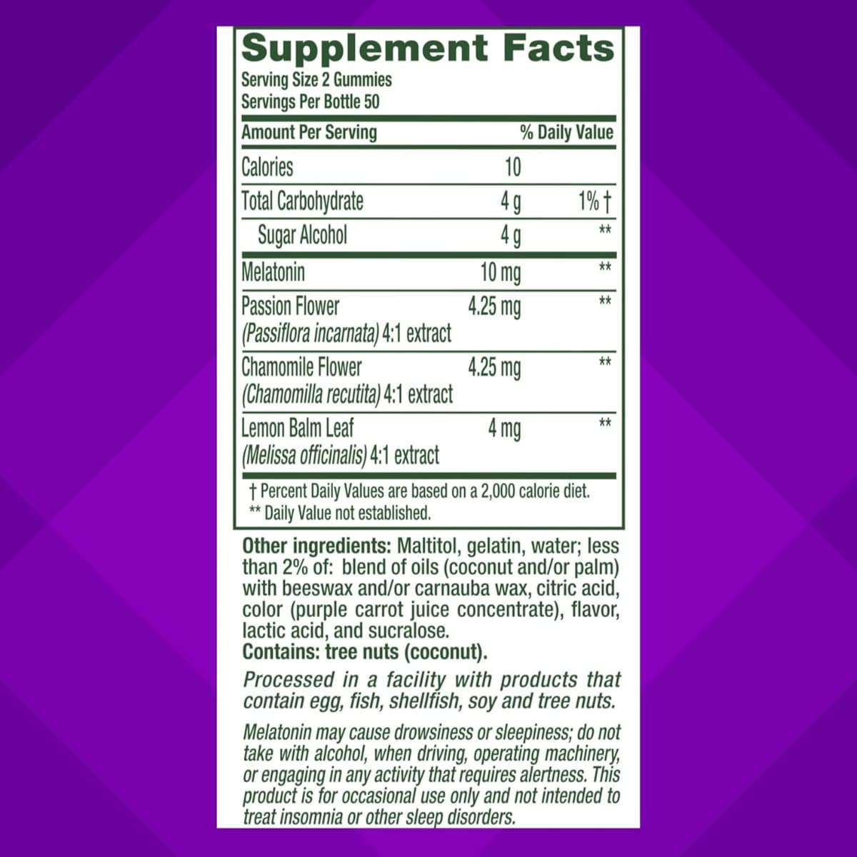 Tabla nutricional del suplemento vitafusion Melatonina Sabor Fresa 10 mg 100 Gomitas