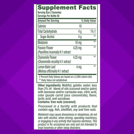 Tabla nutricional del suplemento vitafusion Melatonina Sabor Fresa 10 mg 100 Gomitas