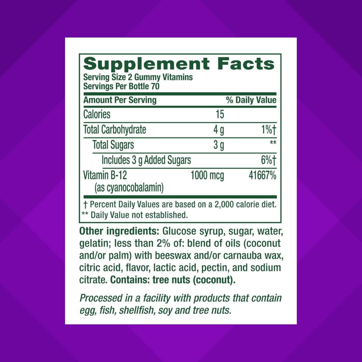 Tabla nutricional del suplemento Vitafusion Vitamina B12 1000 mcg 140 gomitas