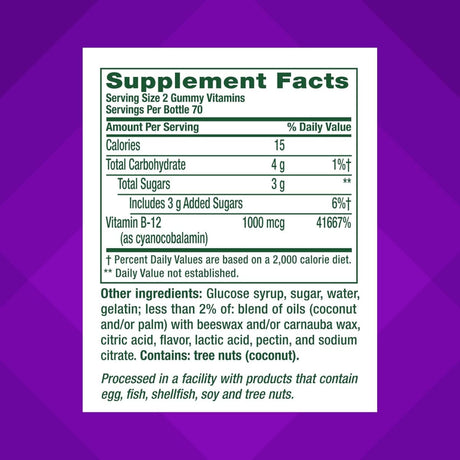 Tabla nutricional del suplemento Vitafusion Vitamina B12 1000 mcg 140 gomitas
