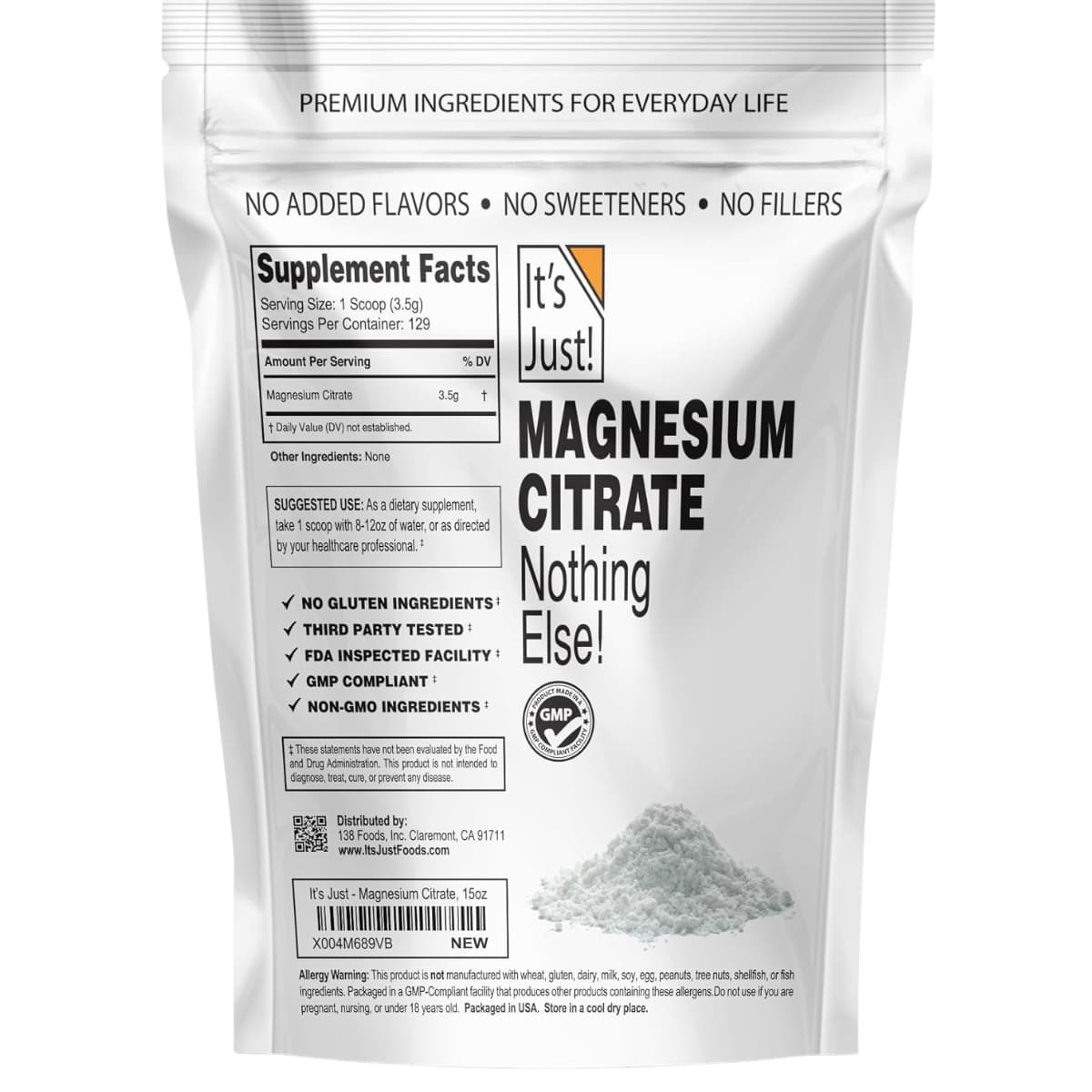 Tabla nutricional del suplemento It's Just! Citrato de Magnesio 15 oz
