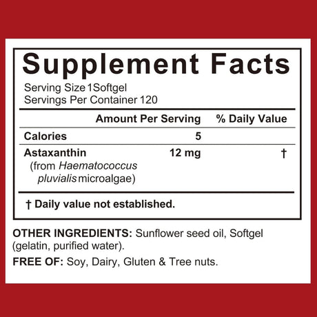 Información del suplemento de ITSDAWN astaxantina 12 mg, 120 cápsulas blandas