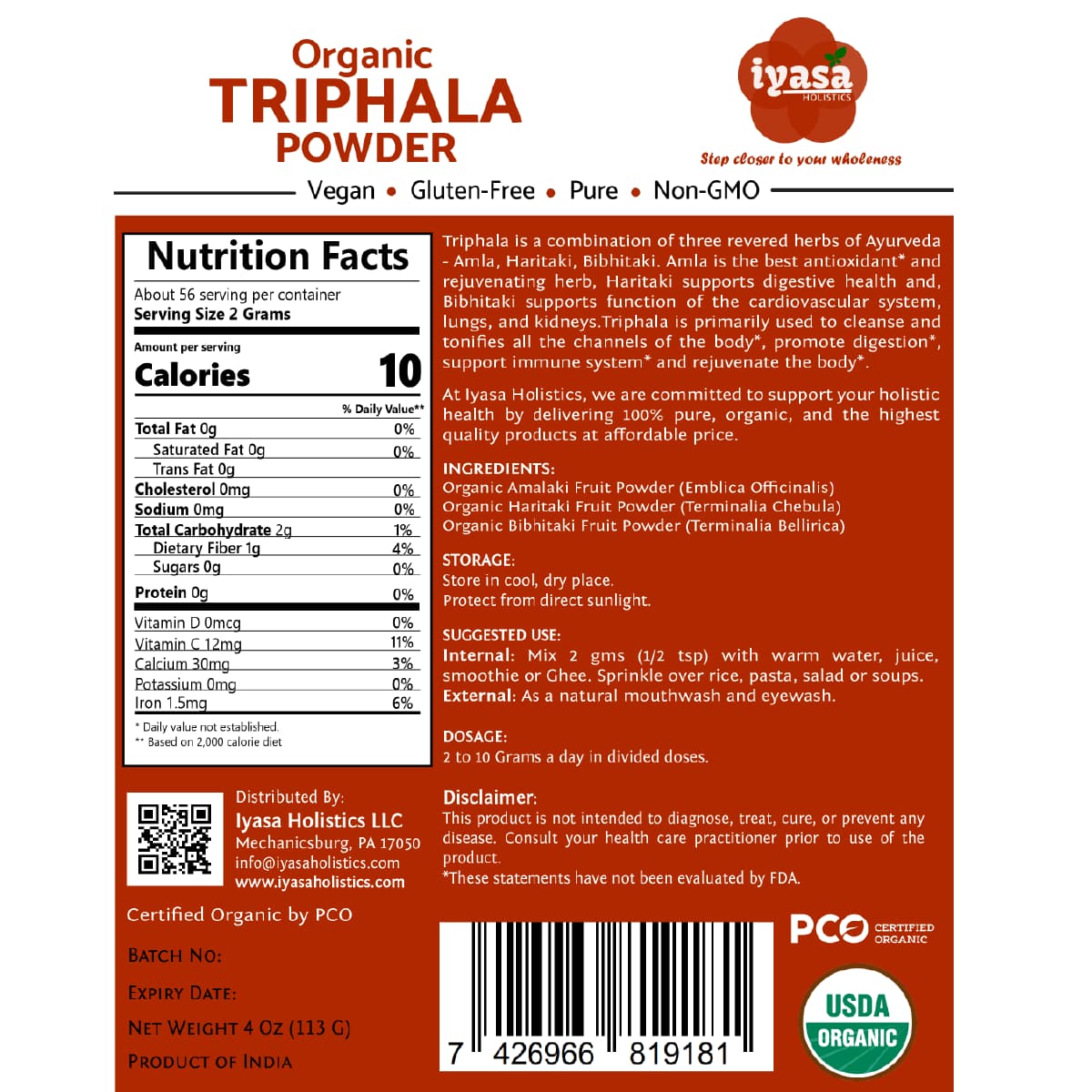 Tabla nutricional del suplemento Iyasa Holistics Triphala Orgánica en Polvo 113 g