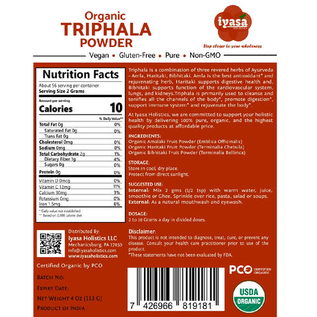 Tabla nutricional del suplemento Iyasa Holistics Triphala Orgánica en Polvo 113 g