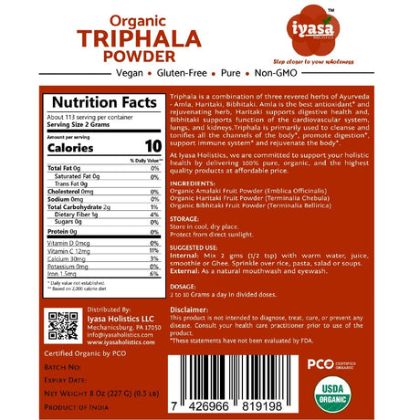 Tabla nutricional del suplemento Iyasa Holistics Triphala Orgánica en Polvo 227 g
