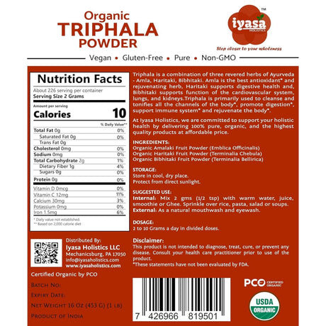 Tabla nutricional del suplemento Iyasa Holistics Triphala Orgánica en Polvo 453 g