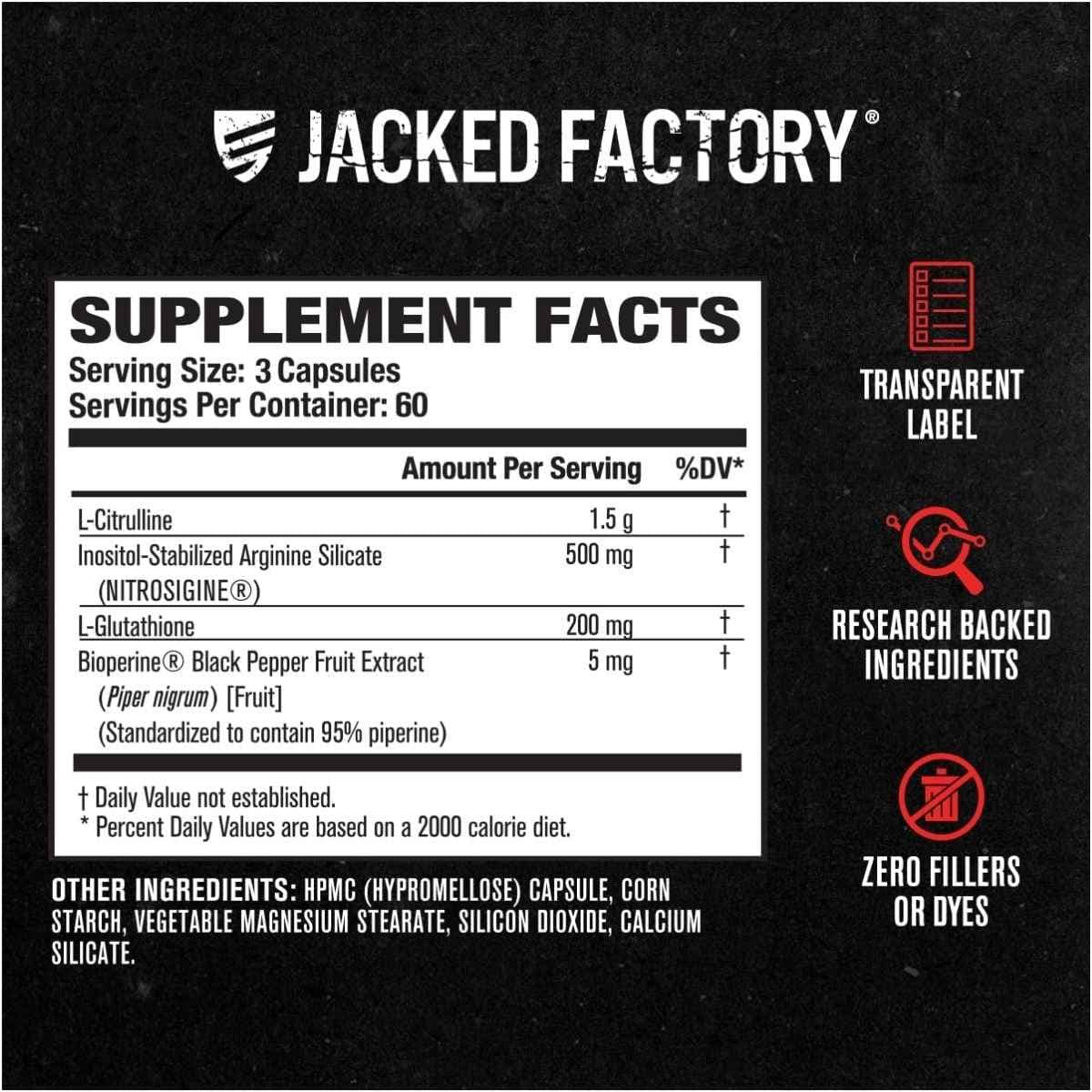 Tabla nutricional del suplemento Jacked Factory N.O. XT Óxido Nítrico 180 cápsulas